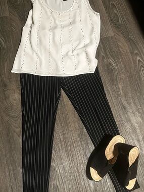 No Boundaries Black Pinstripe Stretch Pants with White Stripes